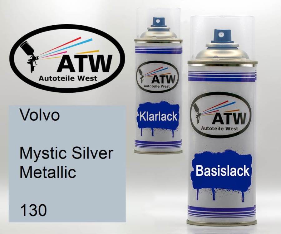 Volvo, Mystic Silver Metallic, 130: 400ml Sprühdose + 400ml Klarlack - Set, von ATW Autoteile West.